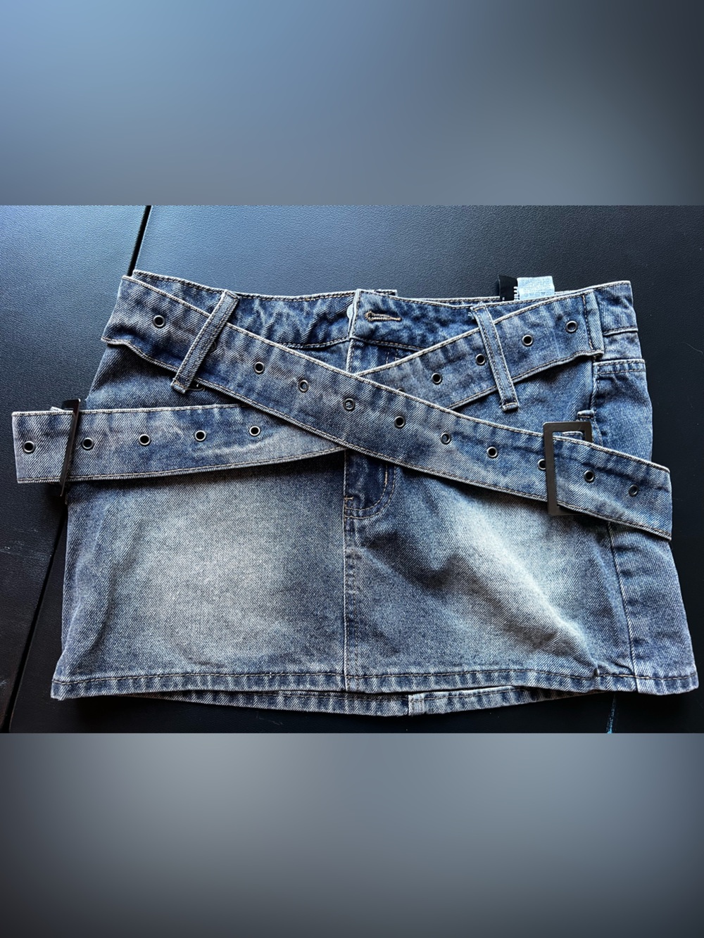 Missguided + Faded Blue Denim Mini Skirt with Double Grommet Belts